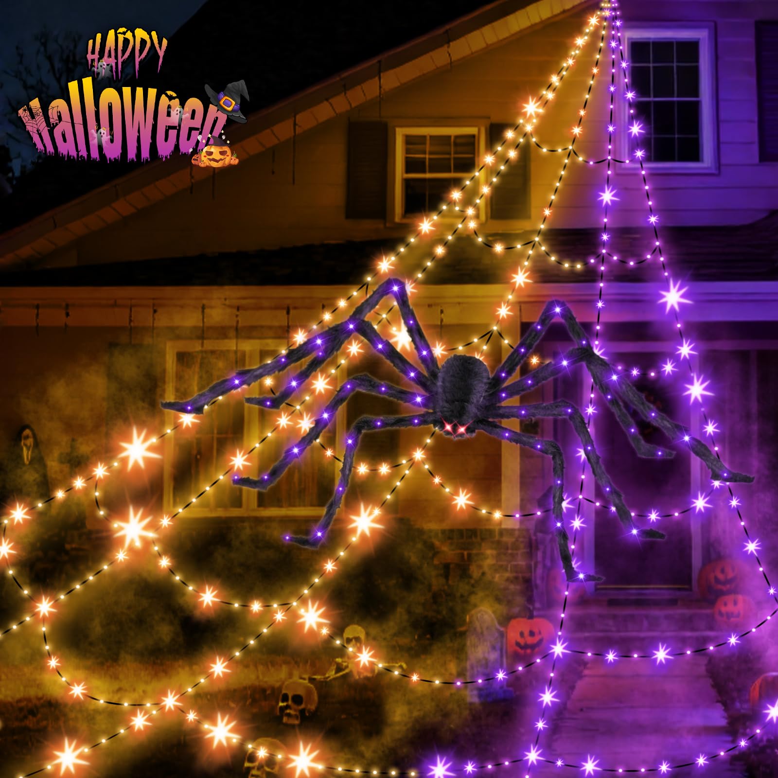 Halloween Decorations Outdoor Spider Web Lights - 550 LEDs Purple and Orange Remote Control Timer Plug in Giant Halloween Decor Cobwebs - 11 Modes Lighting Waterproof Yard Garden Party Decorations